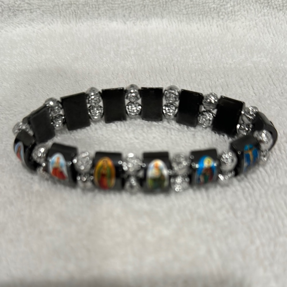 Catholic Religious stretch Bracelet Black & Silver - Picture 3 of 3